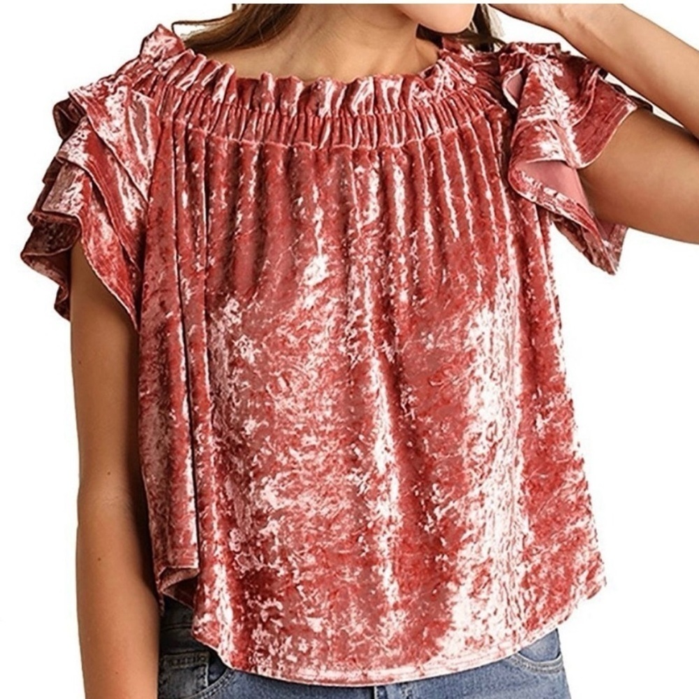Umgee Crushed Velvet Off the Shoulder Top Pink Size XL